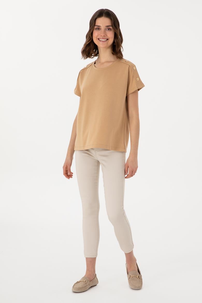 Kadın Camel Bisiklet Yaka Tişört - 50300737002