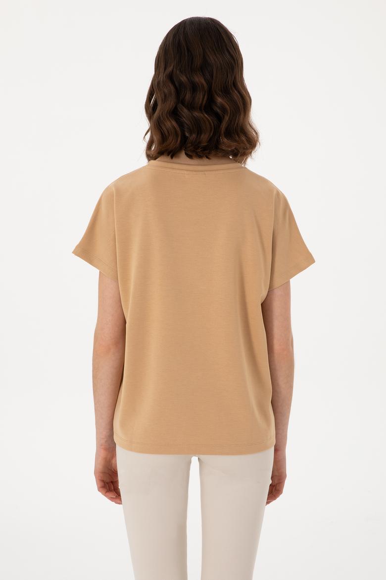 Kadın Camel Bisiklet Yaka Tişört - 50300737002