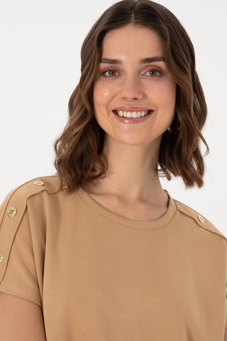 Kadın Camel Bisiklet Yaka Tişört - 50300737002