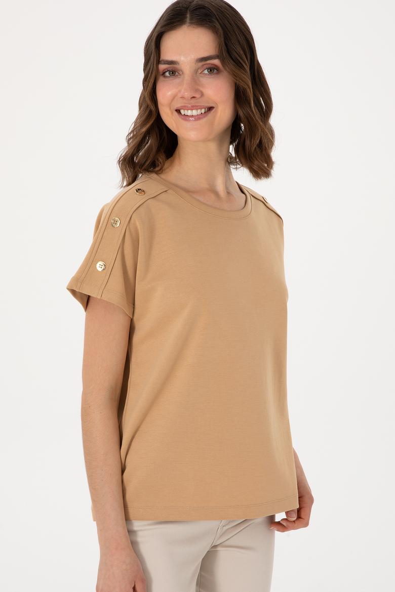 Kadın Camel Bisiklet Yaka Tişört - 50300737002