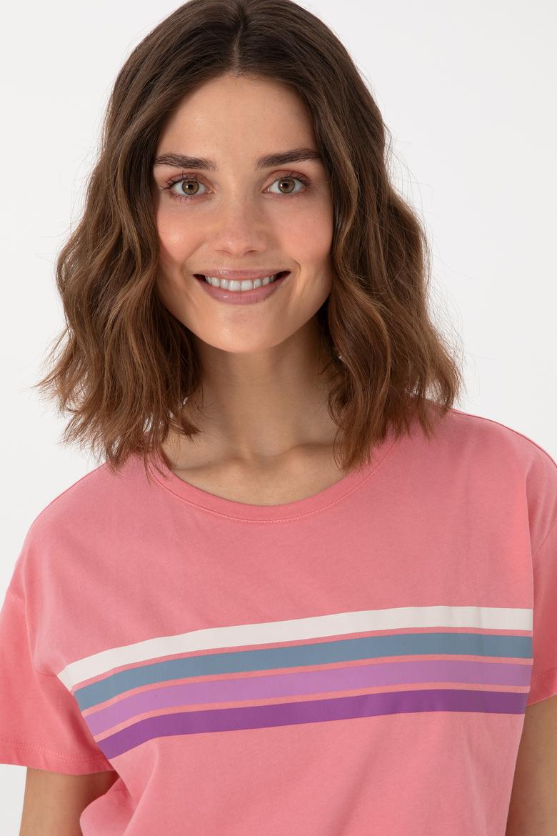 Kadın Pembe Bisiklet Yaka Tişört - 50308639005