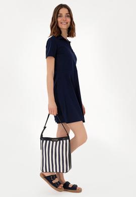 Kadın Lacivert Çizgili Kanvas Kol Çantası - 50311434001