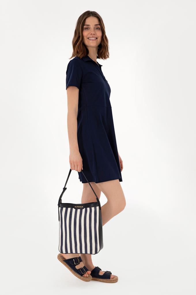 Kadın Lacivert Çizgili Kanvas Kol Çantası
