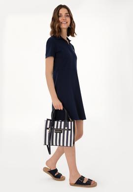 Kadın Lacivert Çizgili Kanvas Kol Çantası - 50311435001