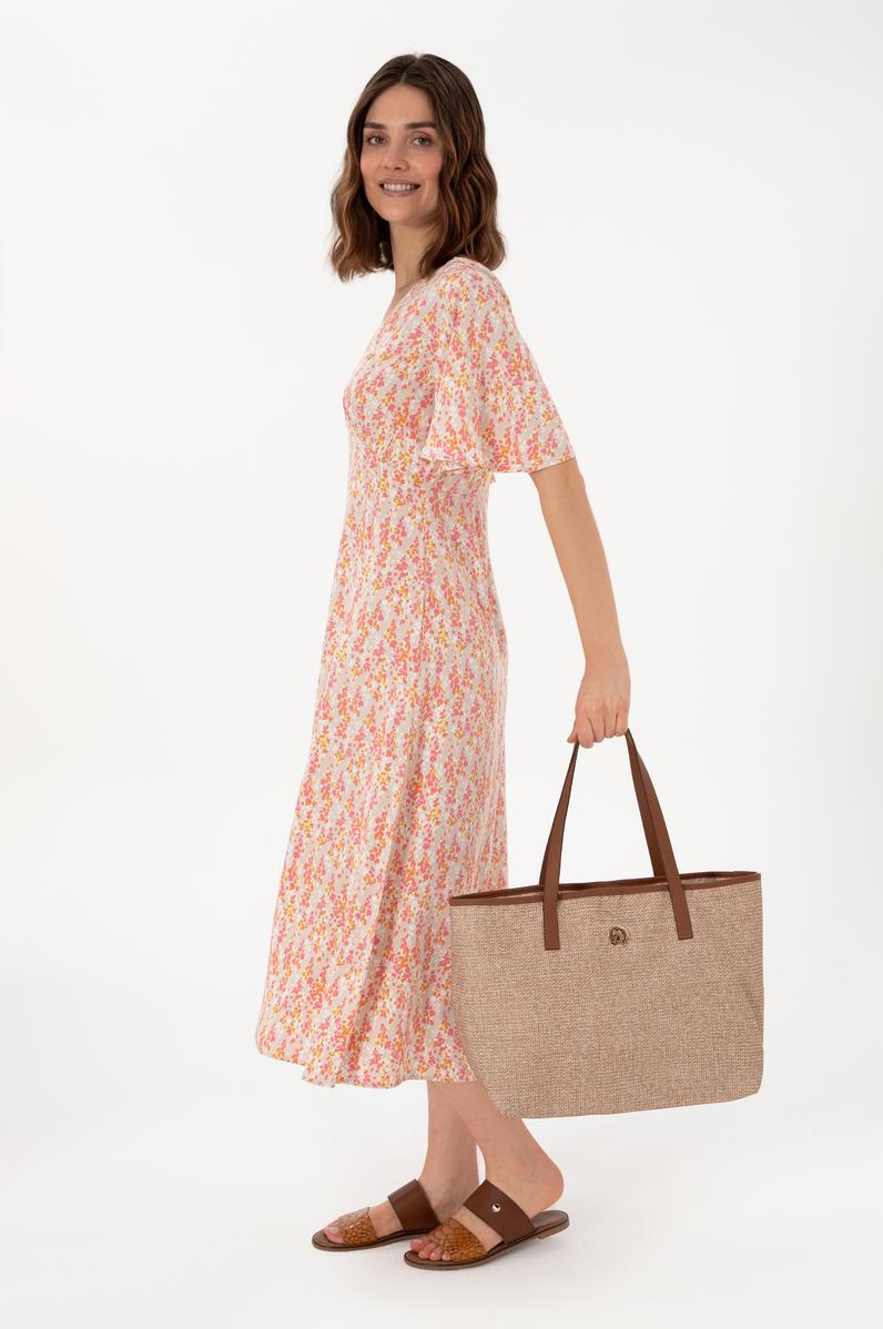 Kadın Bej Makyaj Çantalı Hasır Kol Çantası