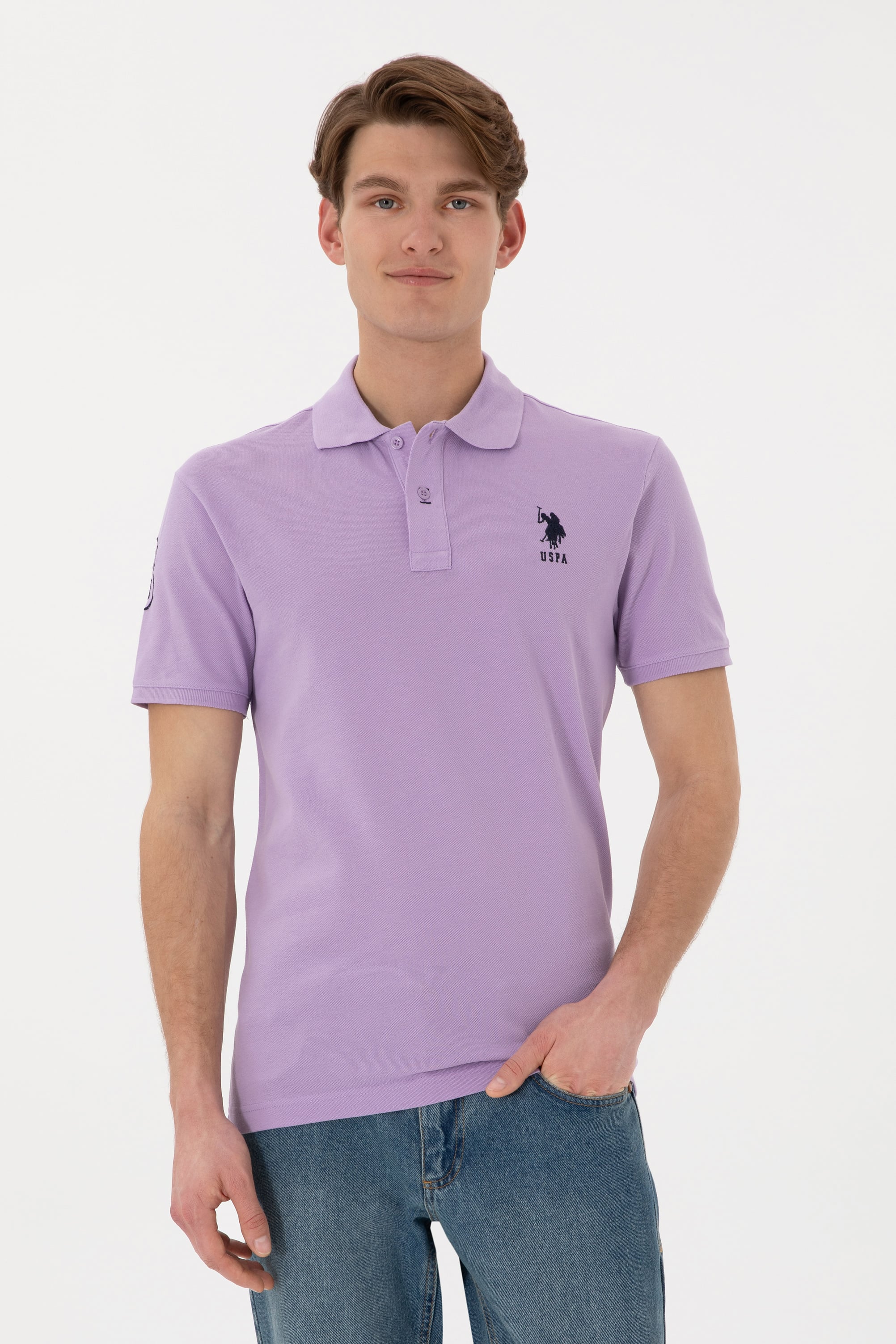 Erkek Slim Fit Polo Yaka Lila Basic Tişört - Image 1