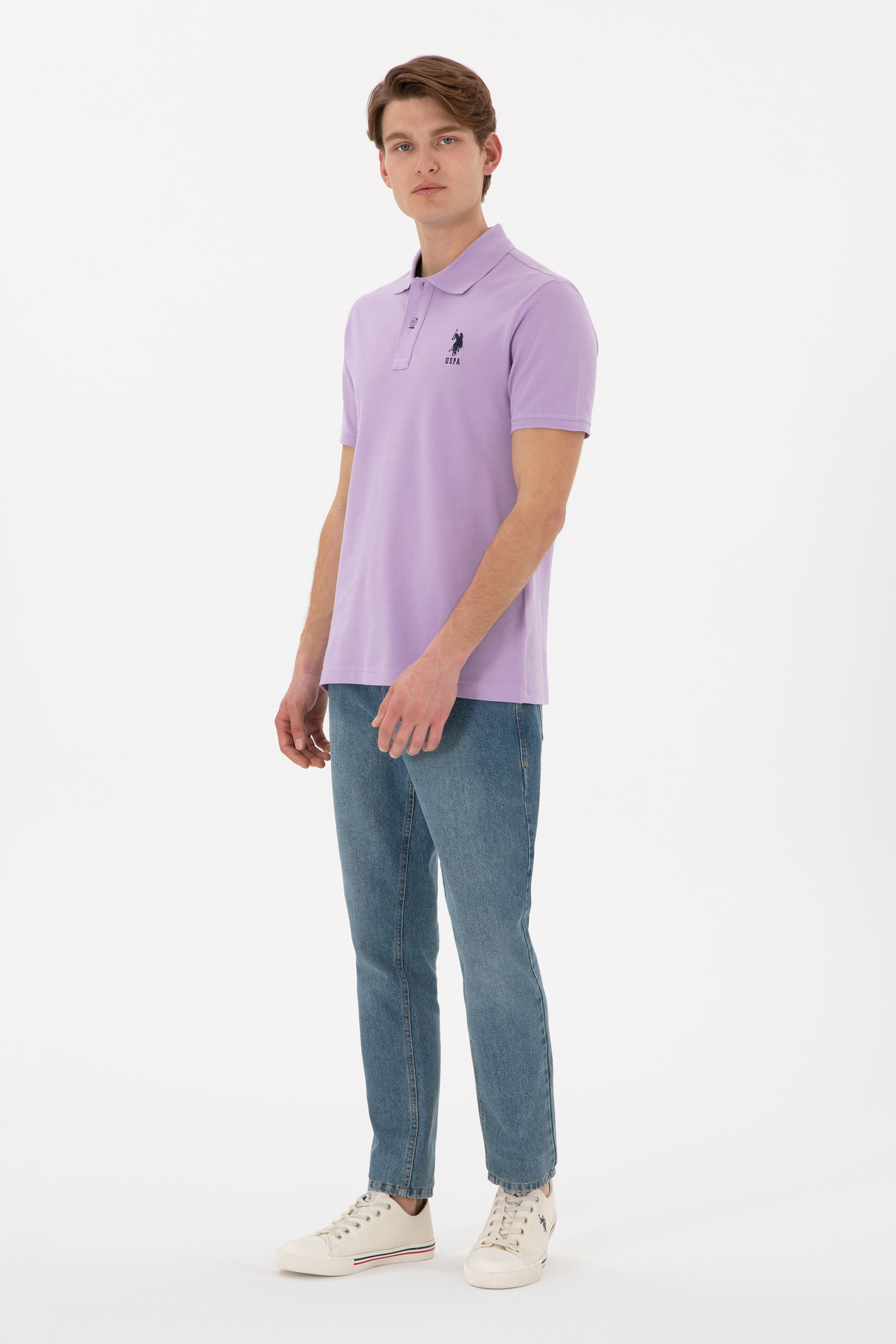 Erkek Slim Fit Polo Yaka Lila Basic Tişört - Image 5