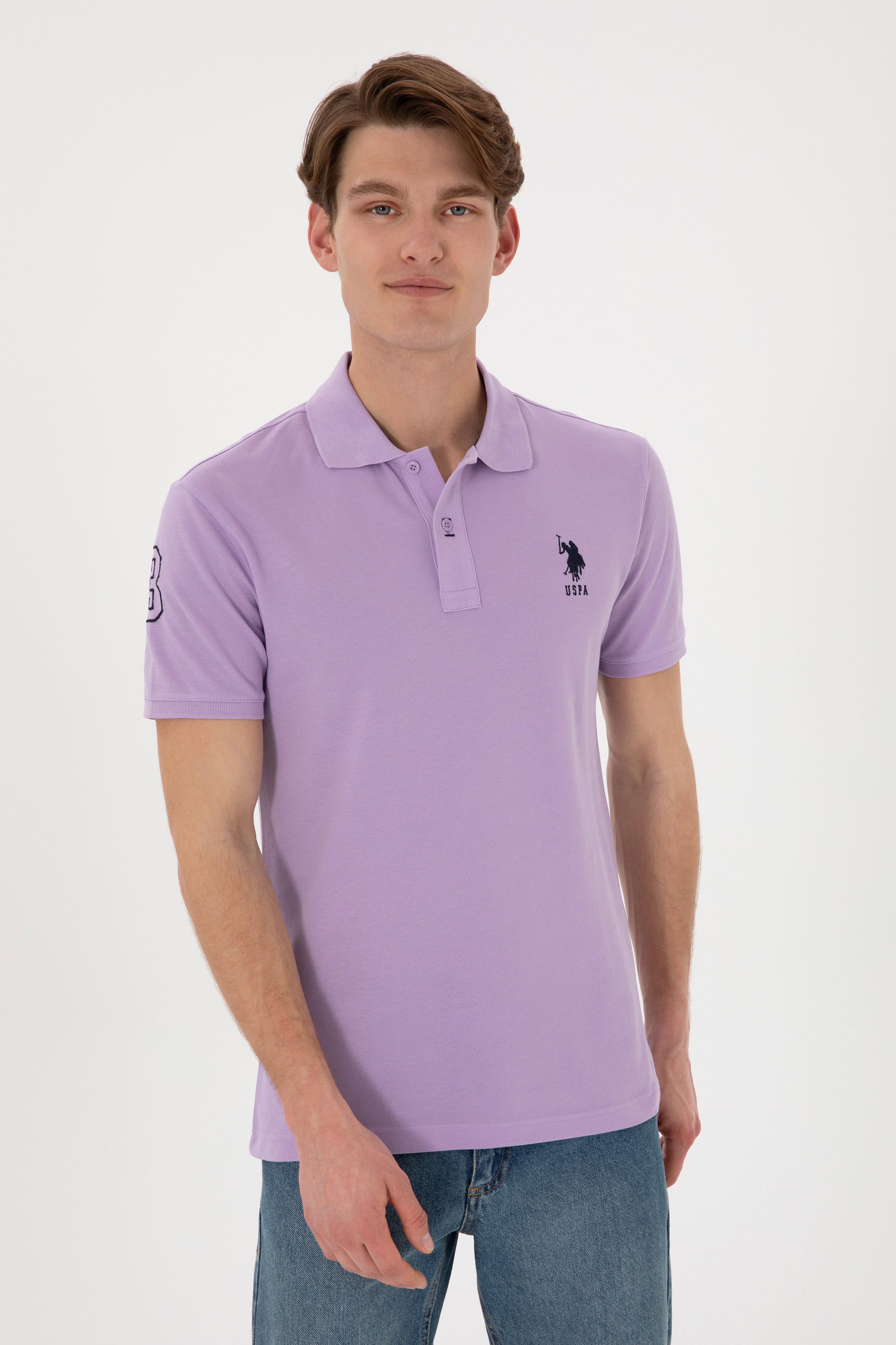 Erkek Slim Fit Polo Yaka Lila Basic Tişört - Image 4