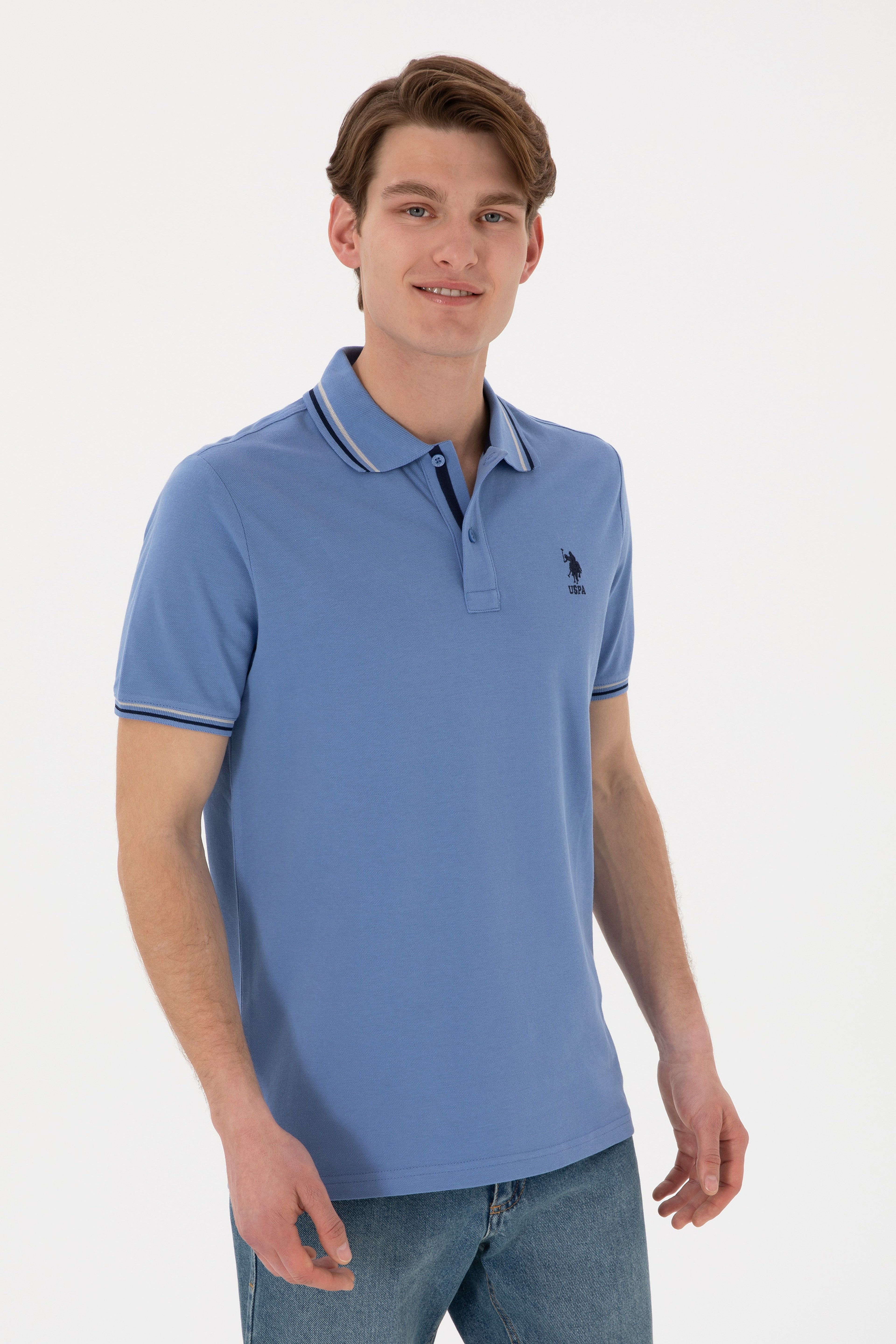 Erkek Regular Fit Polo Yaka Koyu Mavi Basic Tişört - Image 2