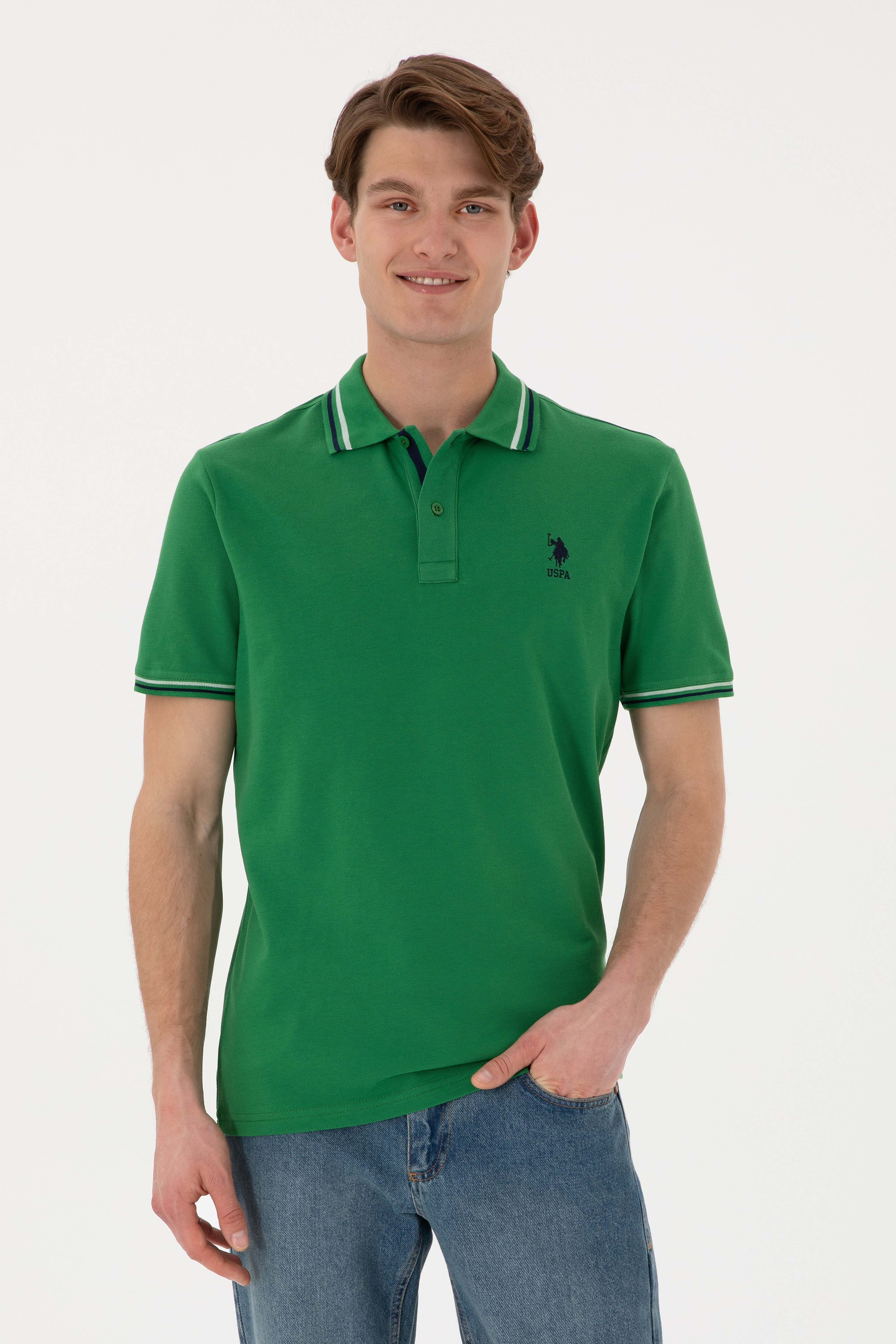 Erkek Regular Fit Polo Yaka Yeşil Basic Tişört - Image 1