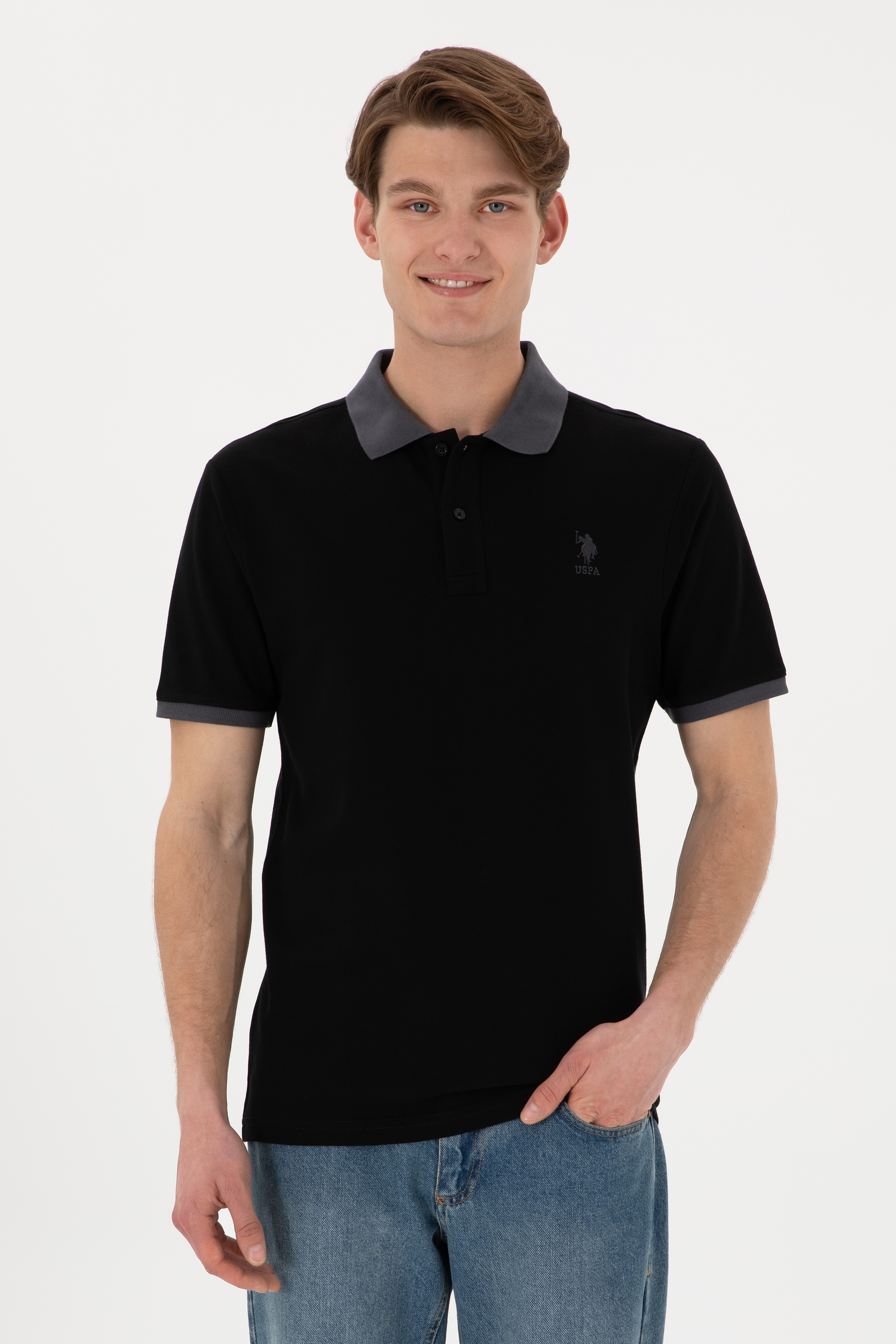 Erkek Regular Fit Polo Yaka Siyah Basic Tişört - Image 1