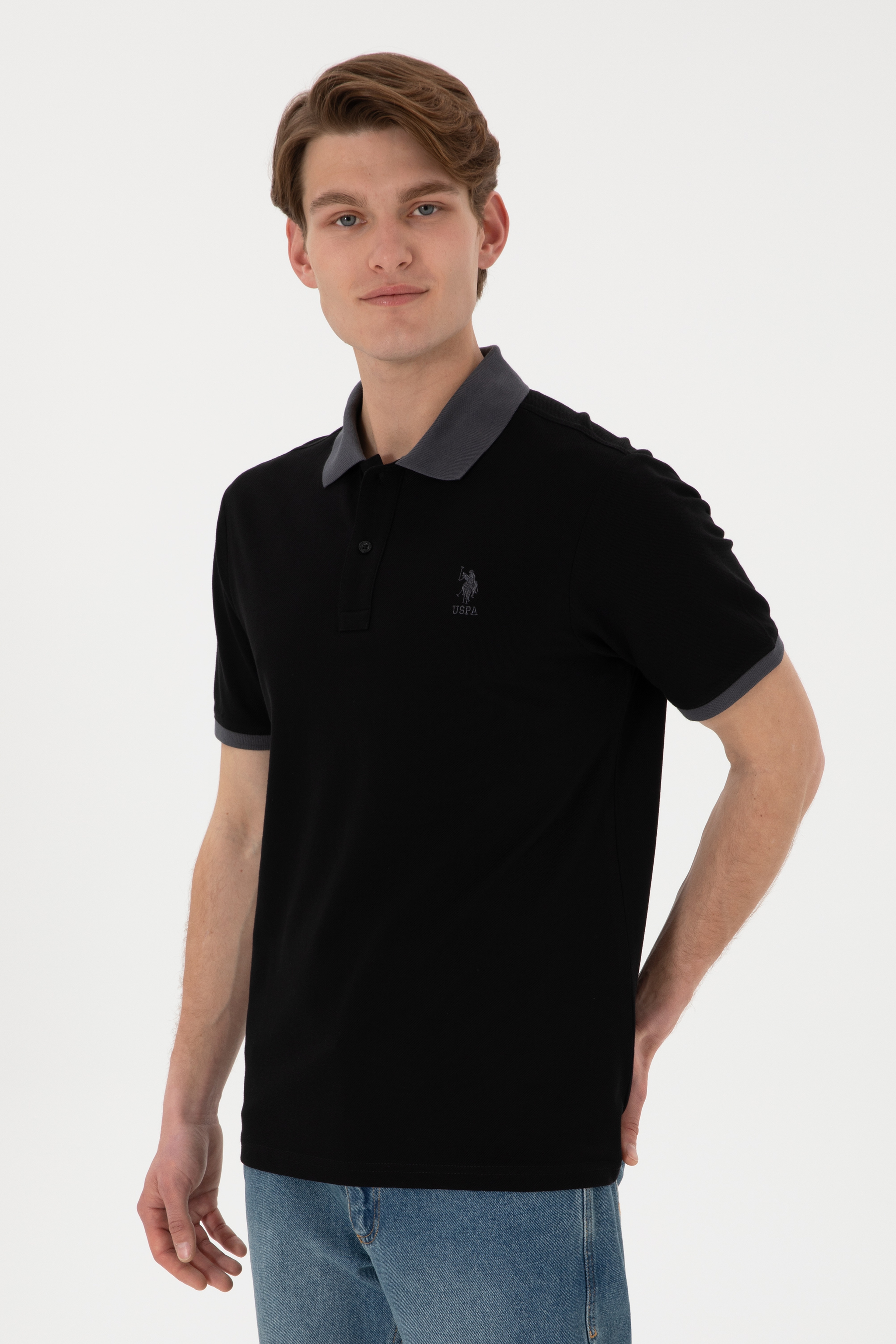 Erkek Regular Fit Polo Yaka Siyah Basic Tişört - Image 2