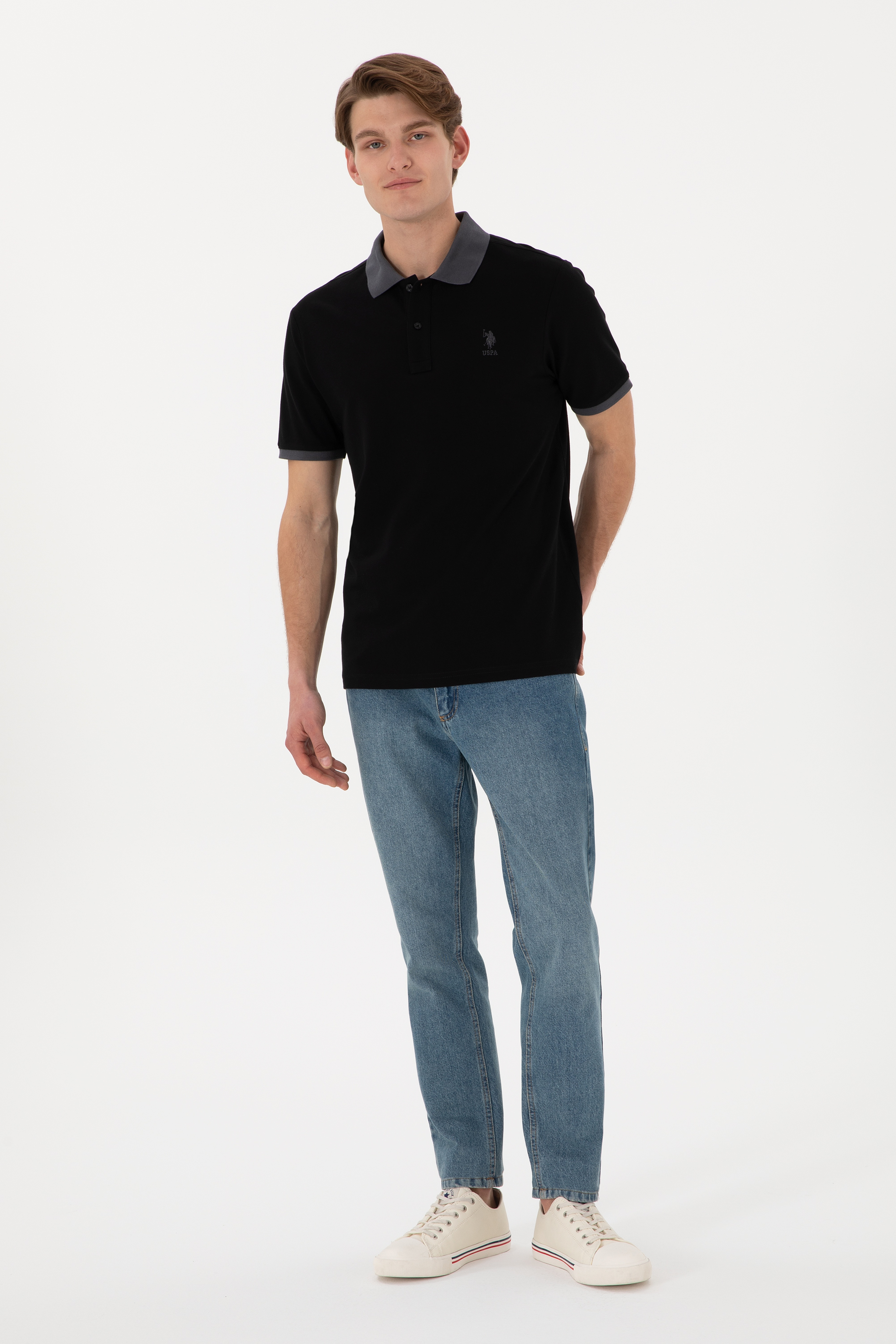Erkek Regular Fit Polo Yaka Siyah Basic Tişört