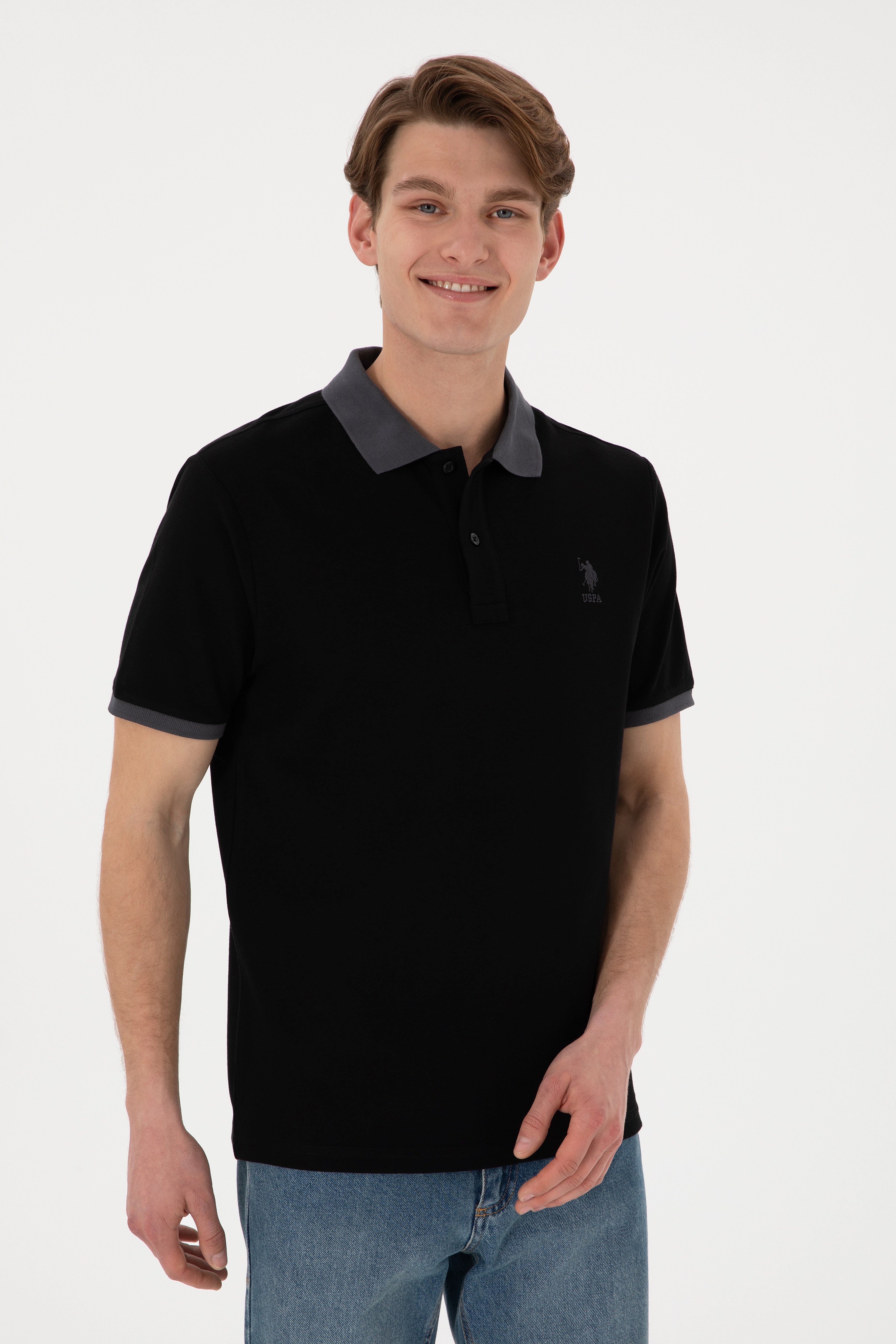 Erkek Regular Fit Polo Yaka Siyah Basic Tişört - Image 4