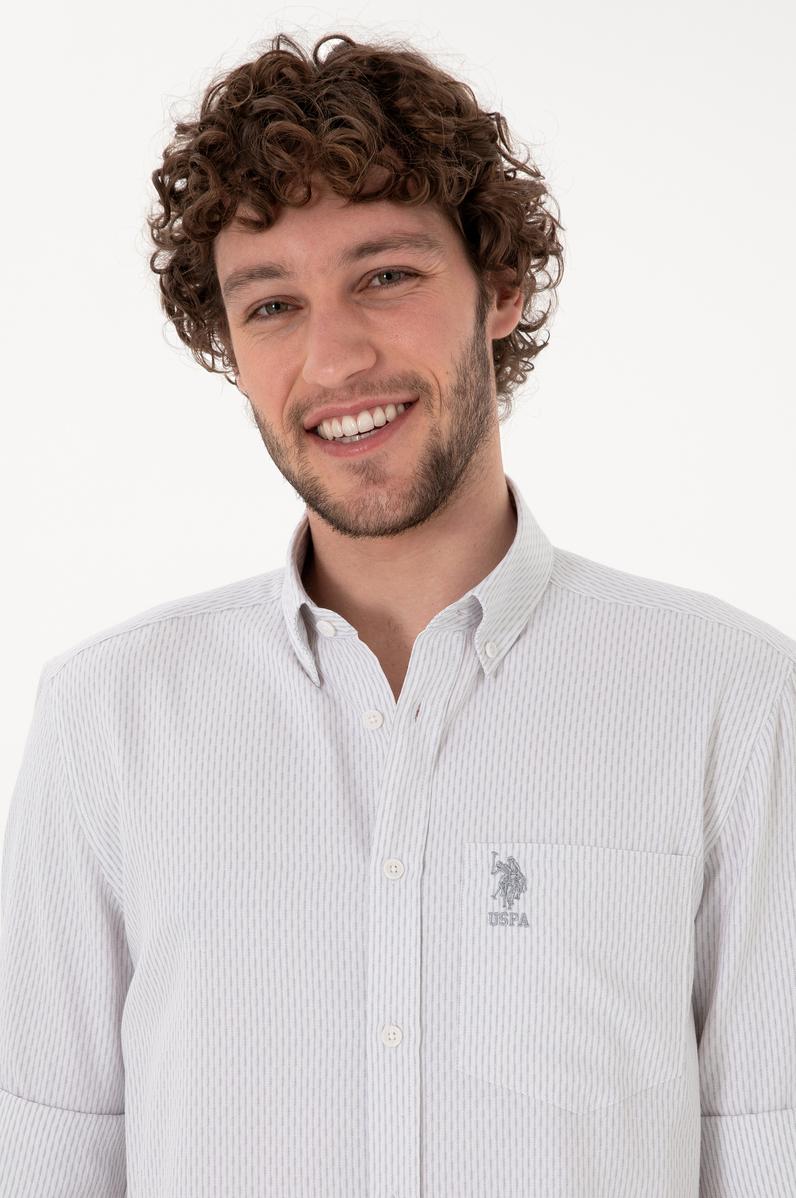 Erkek Çizgili Gri Melanj Cepli Gömlek