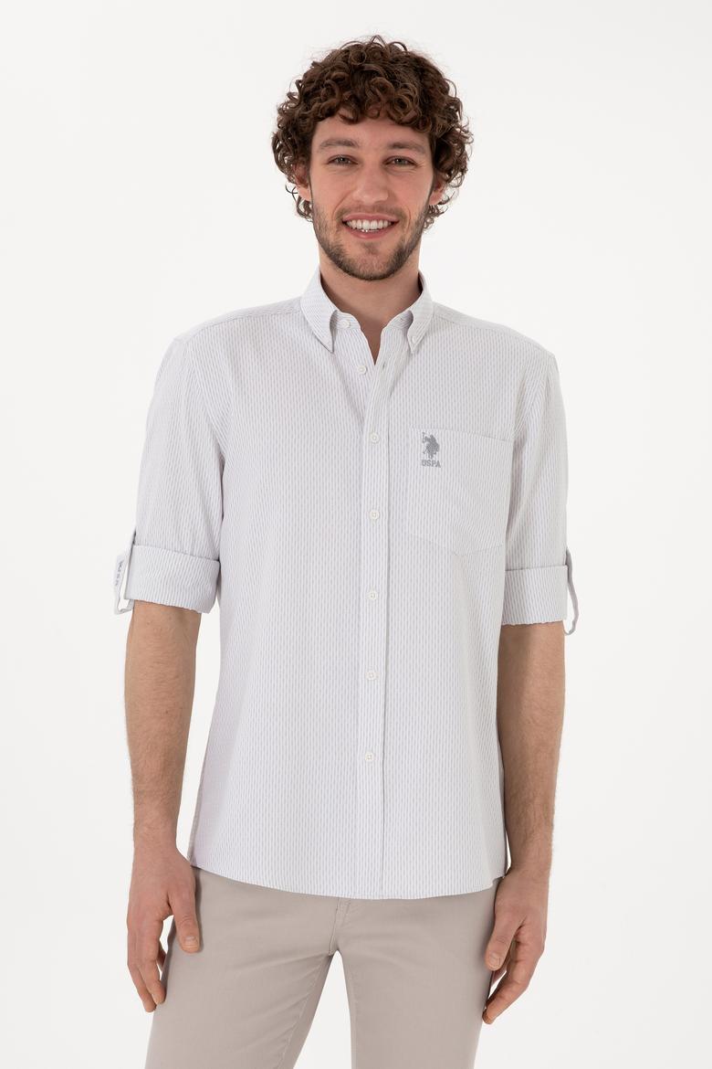 Erkek Çizgili Gri Melanj Cepli Gömlek