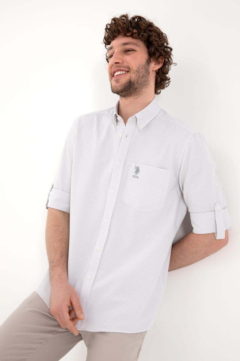 Erkek Çizgili Gri Melanj Cepli Gömlek - 50306288018