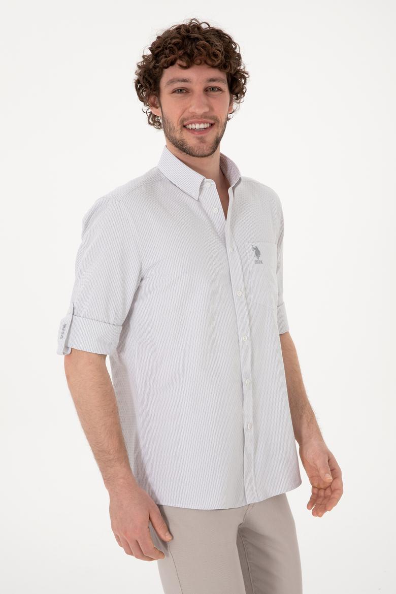 Erkek Çizgili Gri Melanj Cepli Gömlek - 50306288018