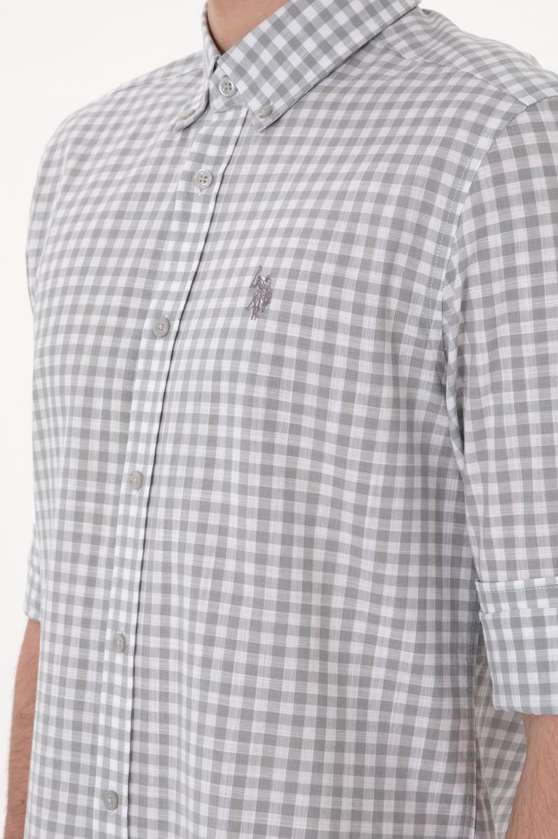 Erkek Gri Kareli Uzun Kollu Slim Gömlek