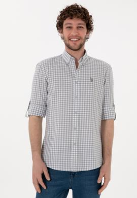 Erkek Gri Kareli Uzun Kollu Slim Gömlek - 50306367016