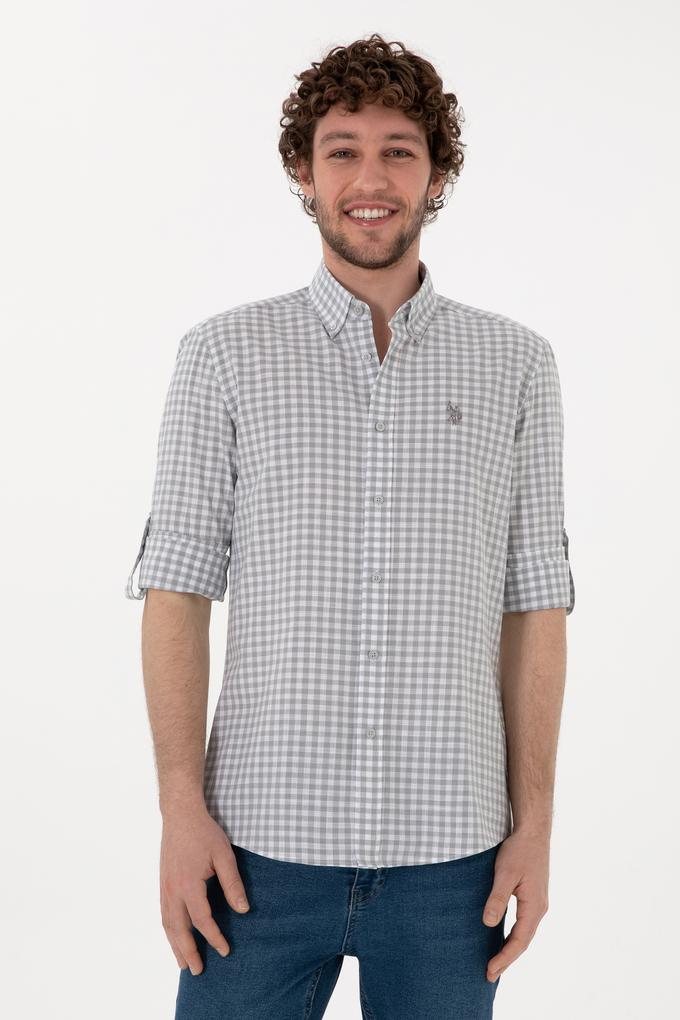 Erkek Gri Kareli Uzun Kollu Slim Gömlek