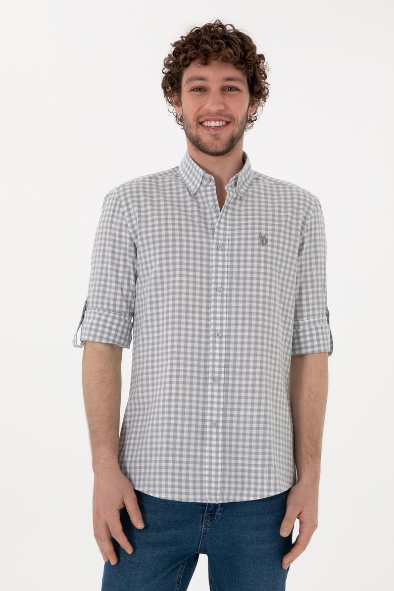 Erkek Gri Kareli Uzun Kollu Slim Gömlek