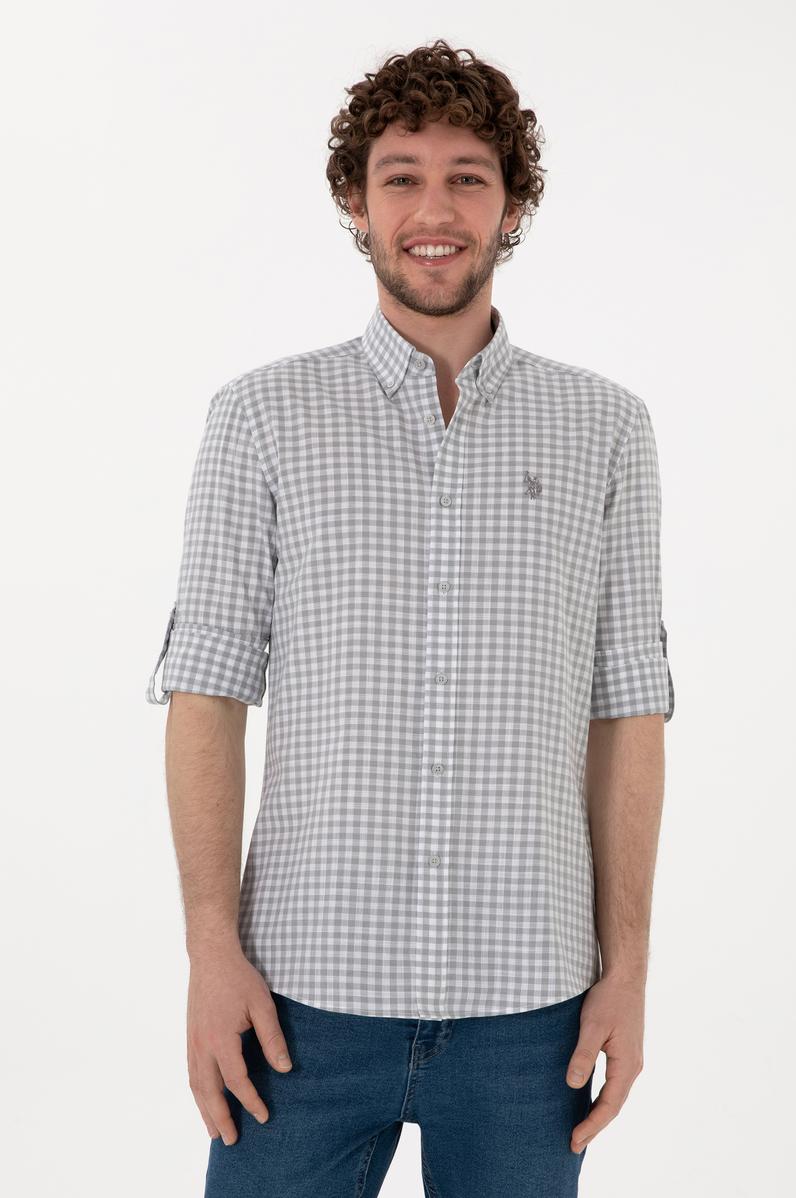 Erkek Gri Kareli Uzun Kollu Slim Gömlek