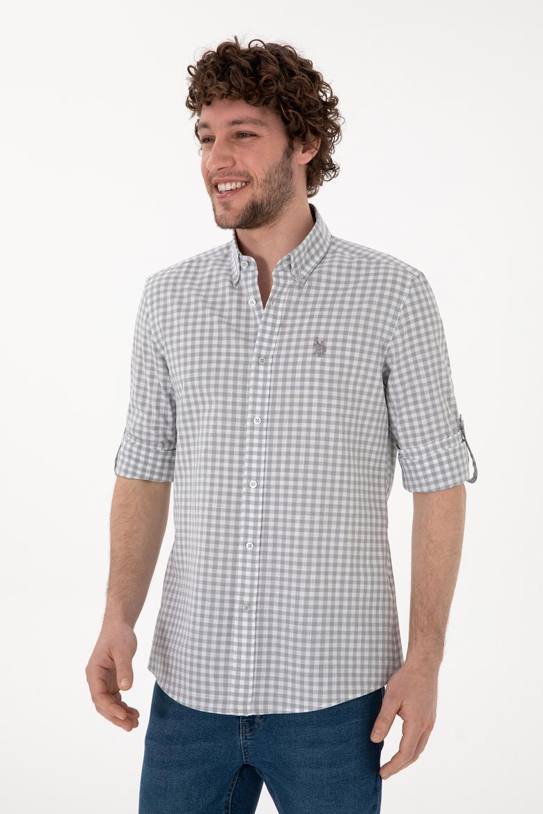 Erkek Gri Kareli Uzun Kollu Slim Gömlek - 50306367016