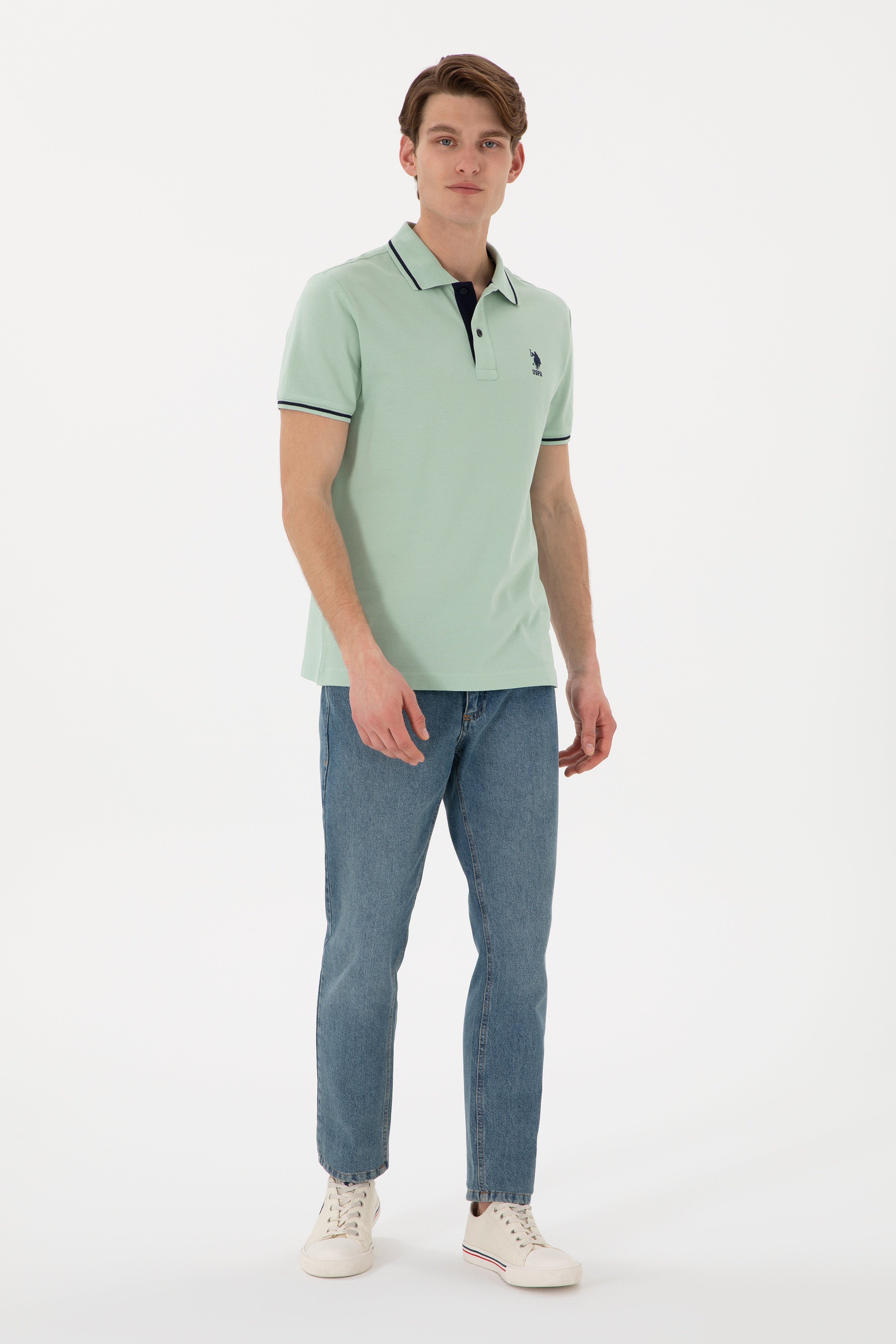Erkek Slim Fit Polo Yaka Su Yeşili Basic Tişört