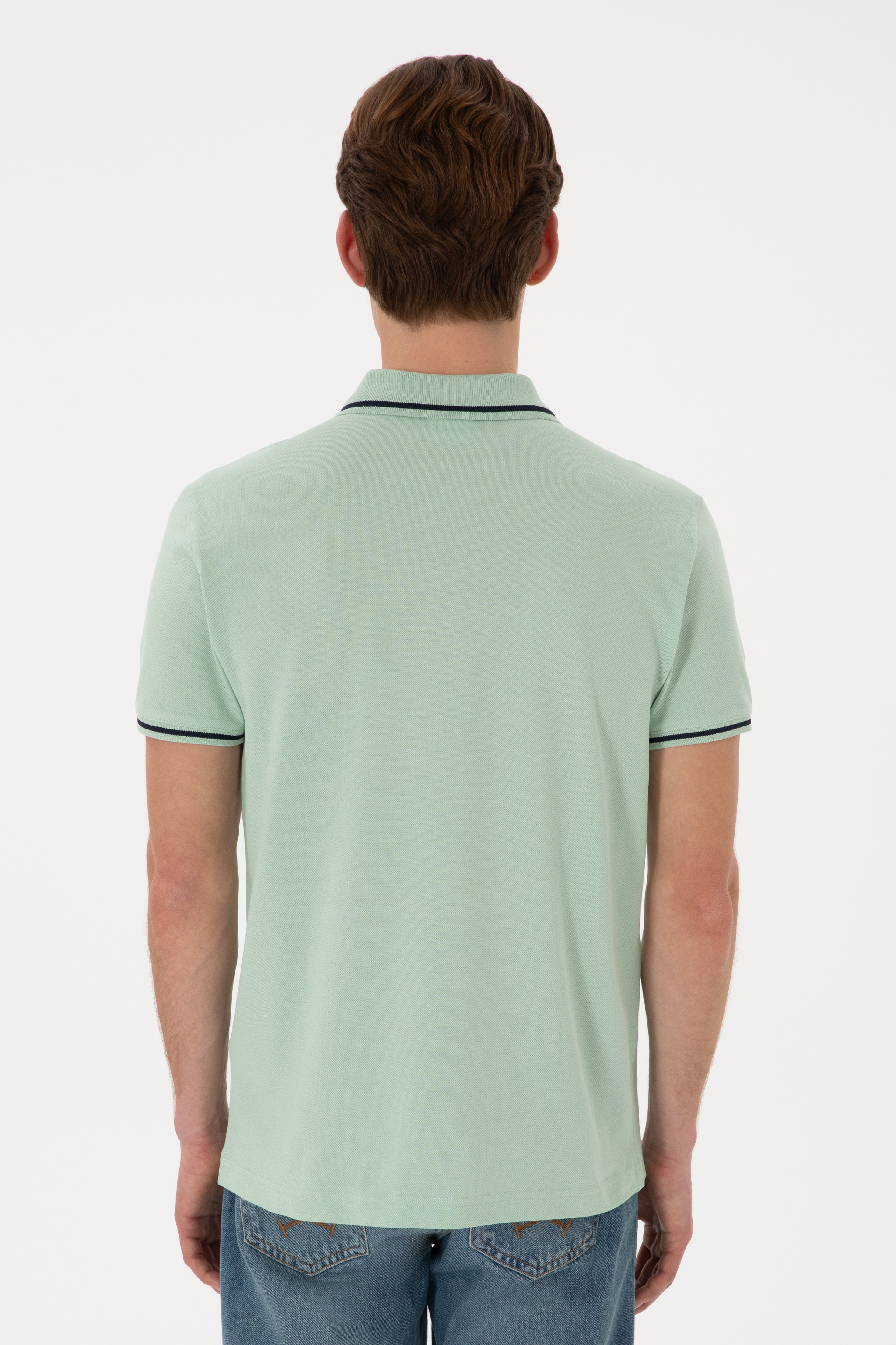 Erkek Slim Fit Polo Yaka Su Yeşili Basic Tişört - Image 6