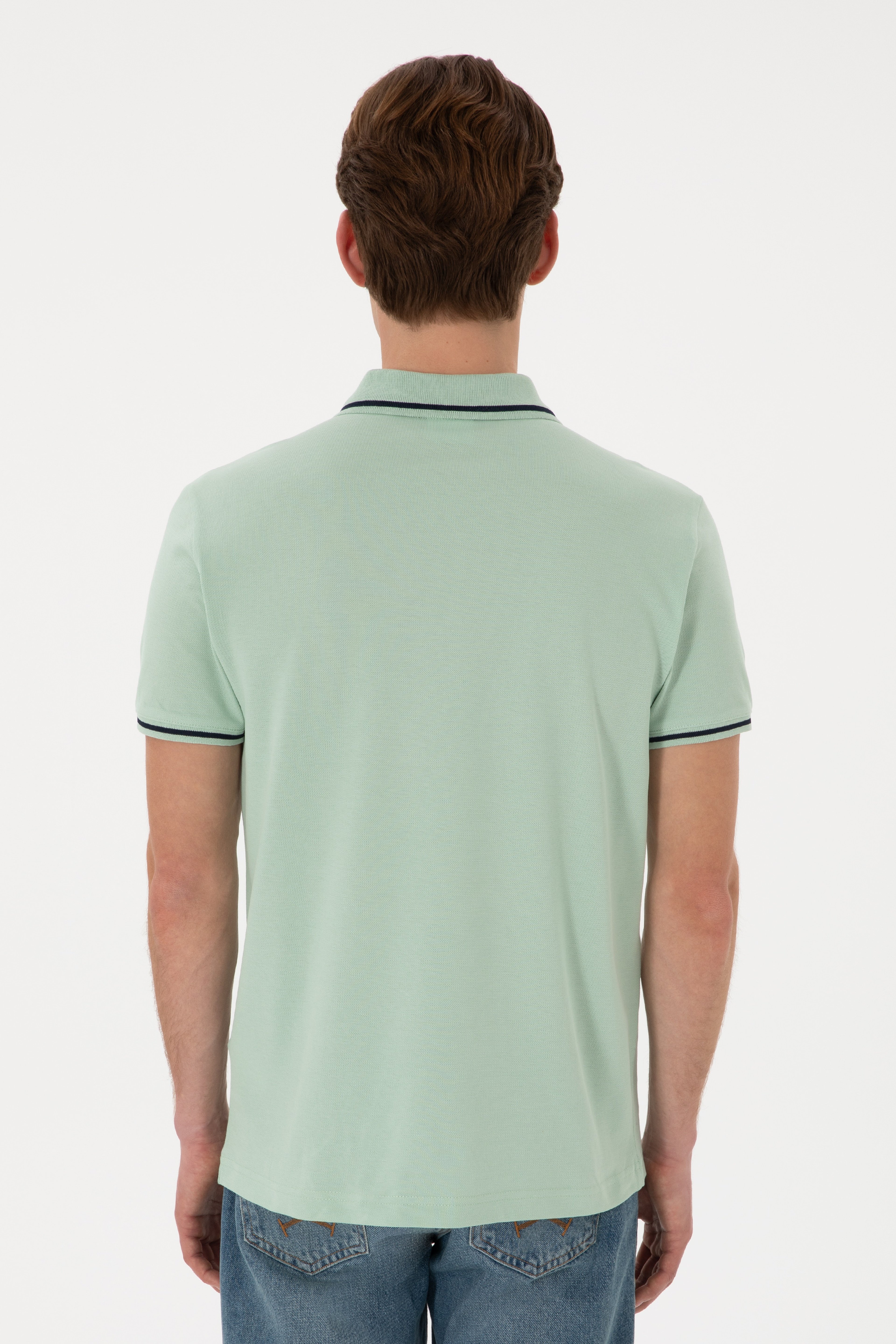 Erkek Slim Fit Polo Yaka Su Yeşili Basic Tişört