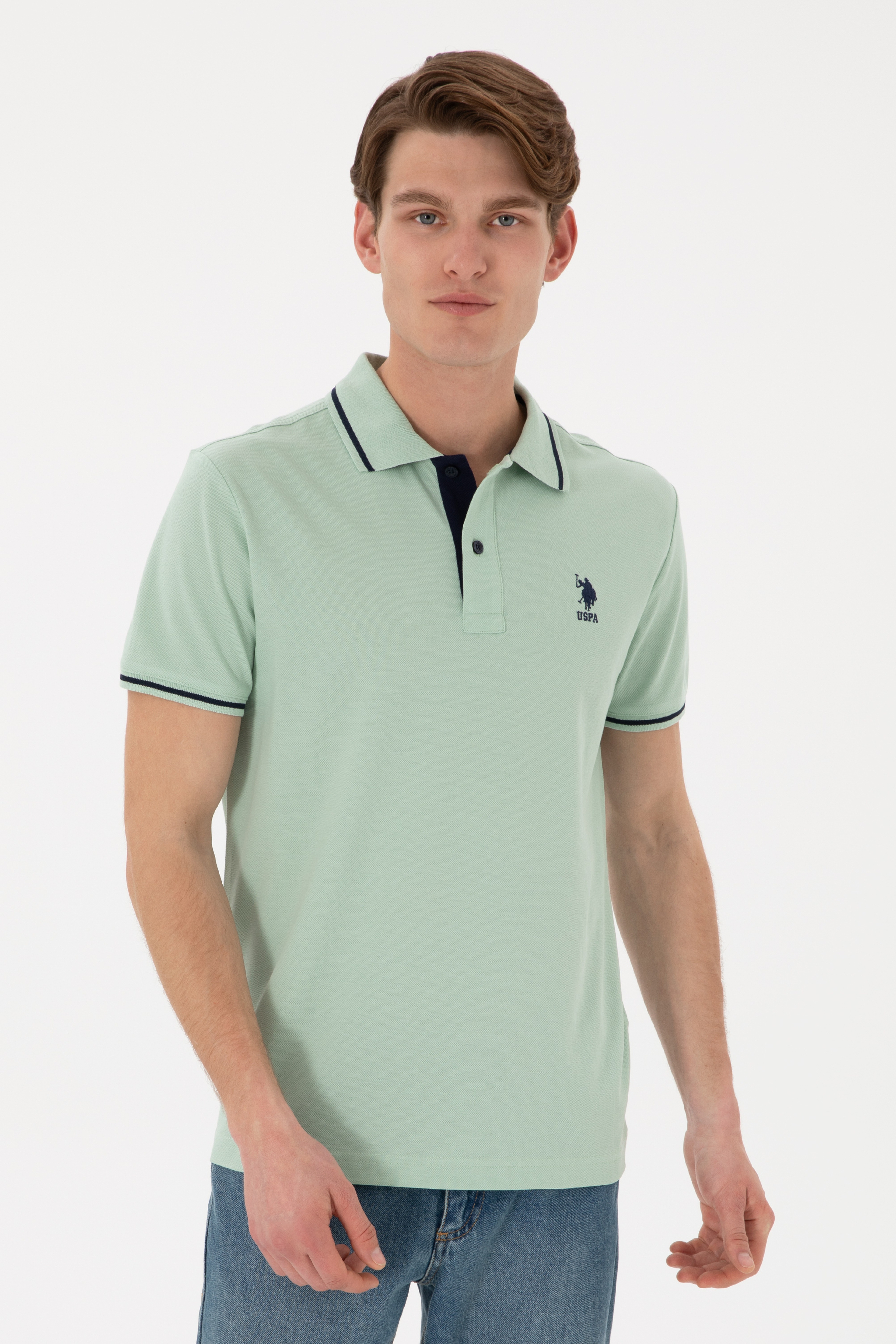 Erkek Slim Fit Polo Yaka Su Yeşili Basic Tişört - Image 2