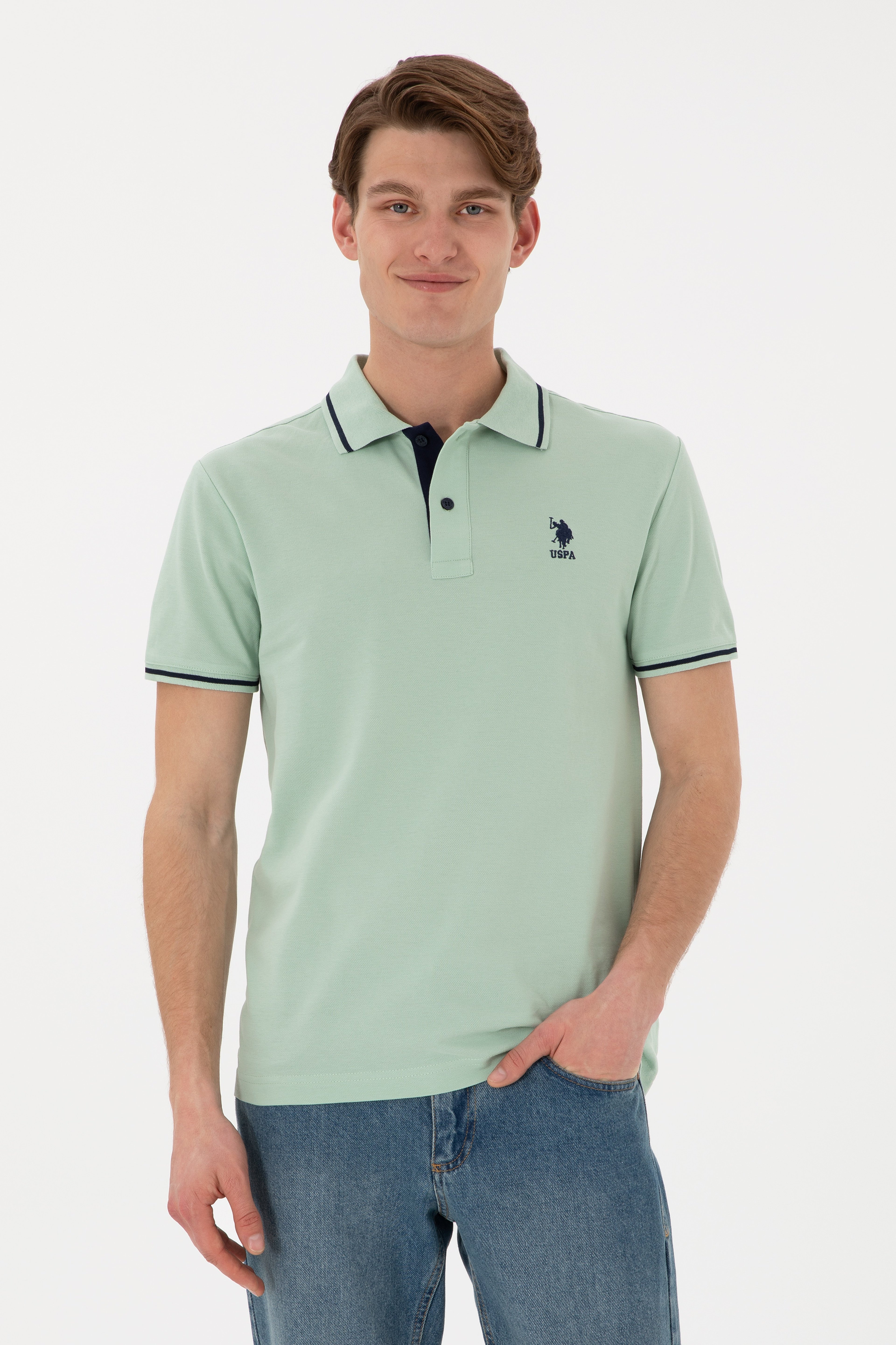 Erkek Slim Fit Polo Yaka Su Yeşili Basic Tişört - Image 1