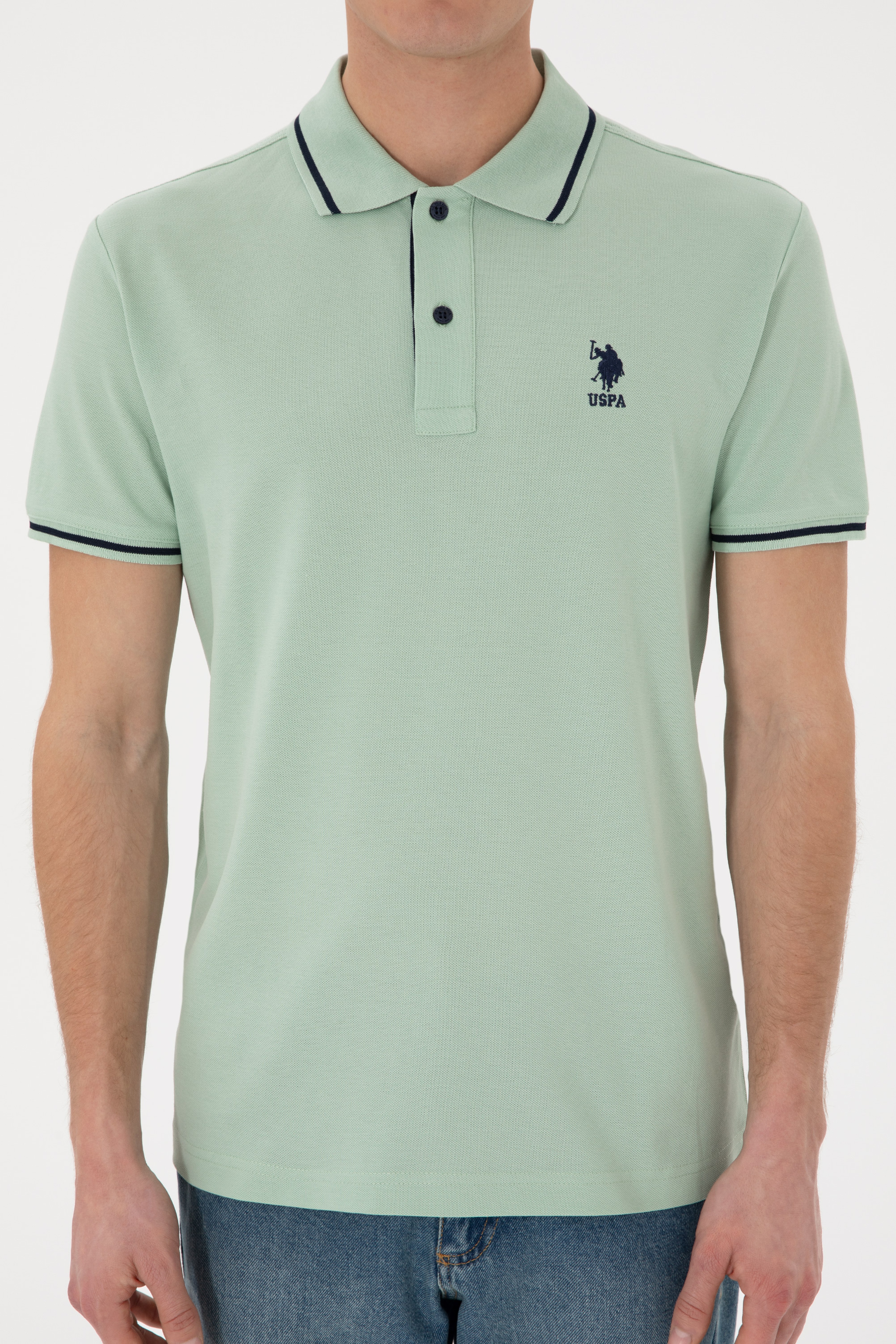 Erkek Slim Fit Polo Yaka Su Yeşili Basic Tişört - Image 7