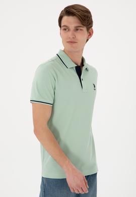 Erkek Slim Fit Polo Yaka Su Yeşili Basic Tişört - 50305980117