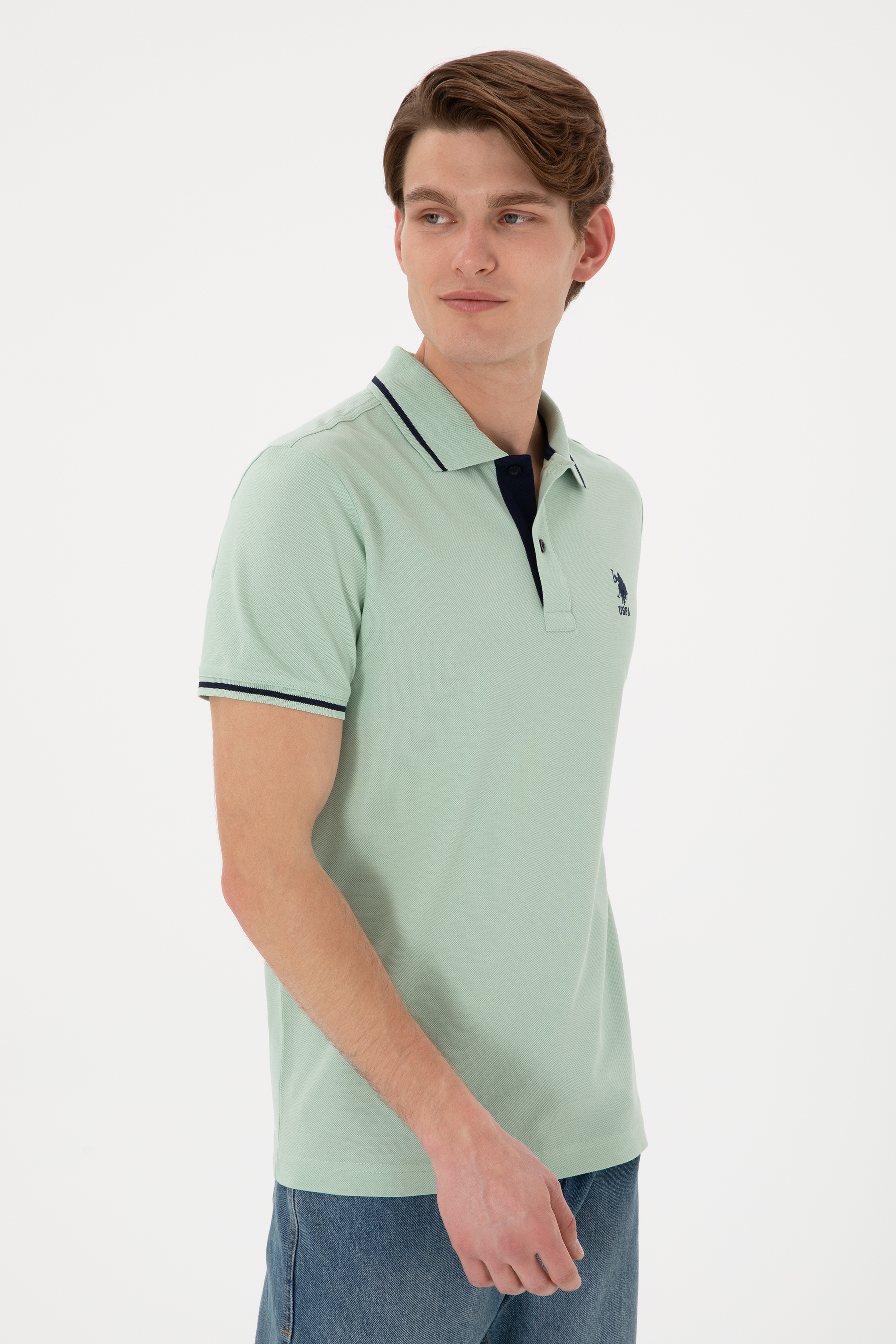 Erkek Slim Fit Polo Yaka Su Yeşili Basic Tişört - Image 4