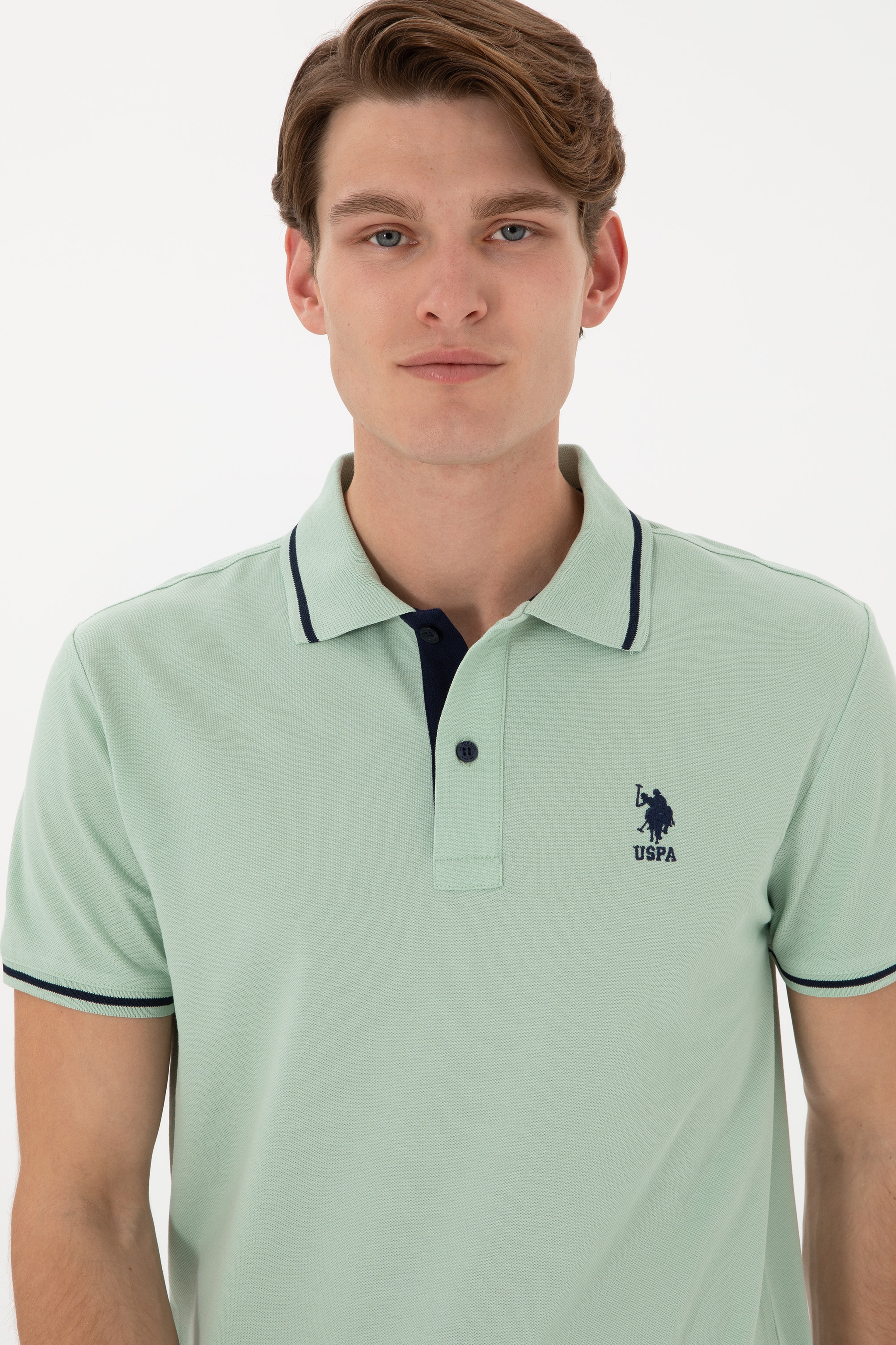 Erkek Slim Fit Polo Yaka Su Yeşili Basic Tişört - Image 3