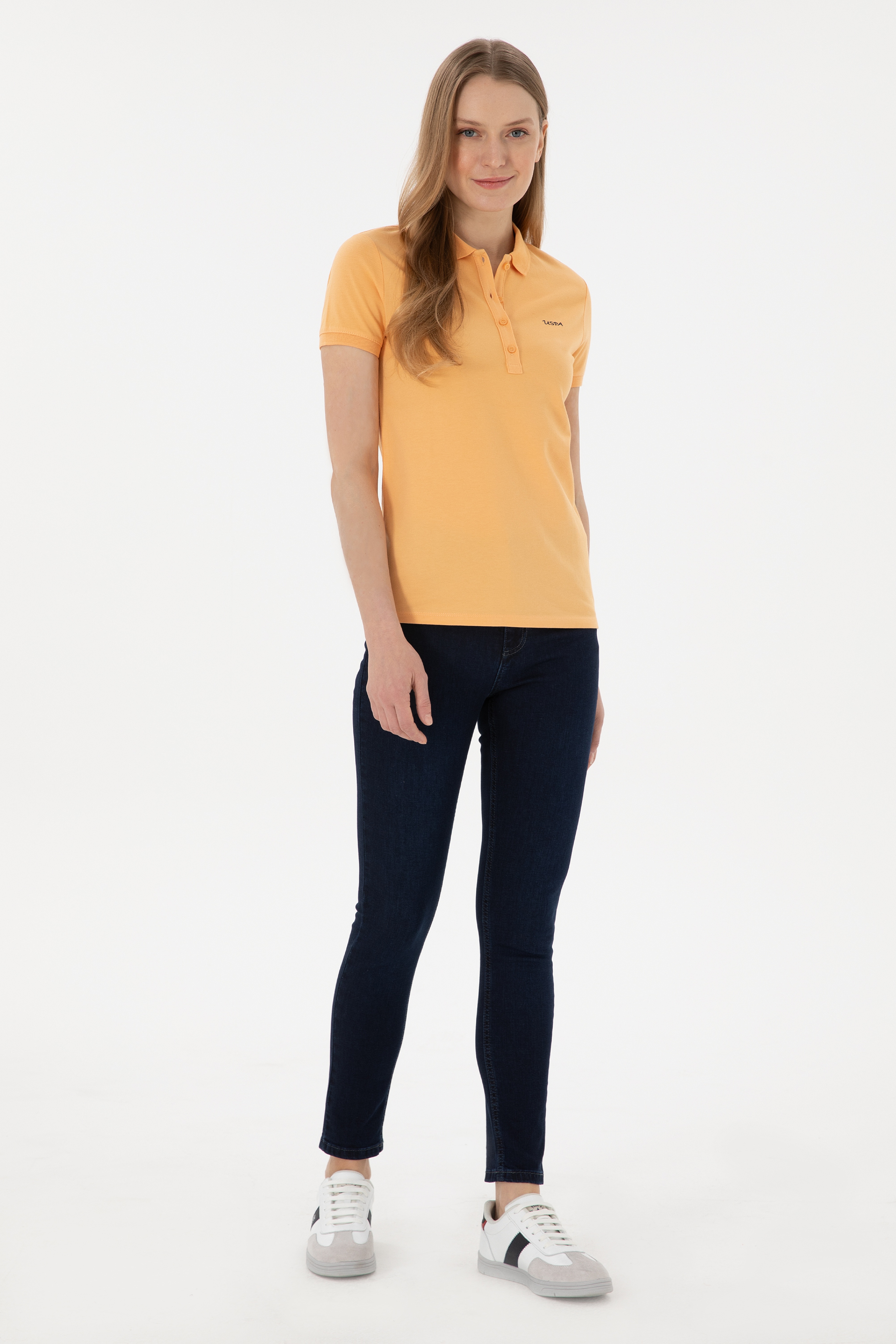 Kadın Turuncu Basic Polo Yaka Tişört - Image 4