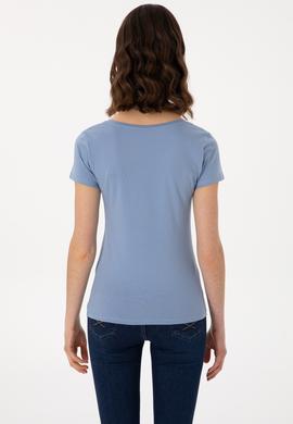 Kadın Mavi Bisiklet Yaka Tişört - 50300894031