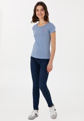 Kadın Mavi Bisiklet Yaka Tişört - 50300894031