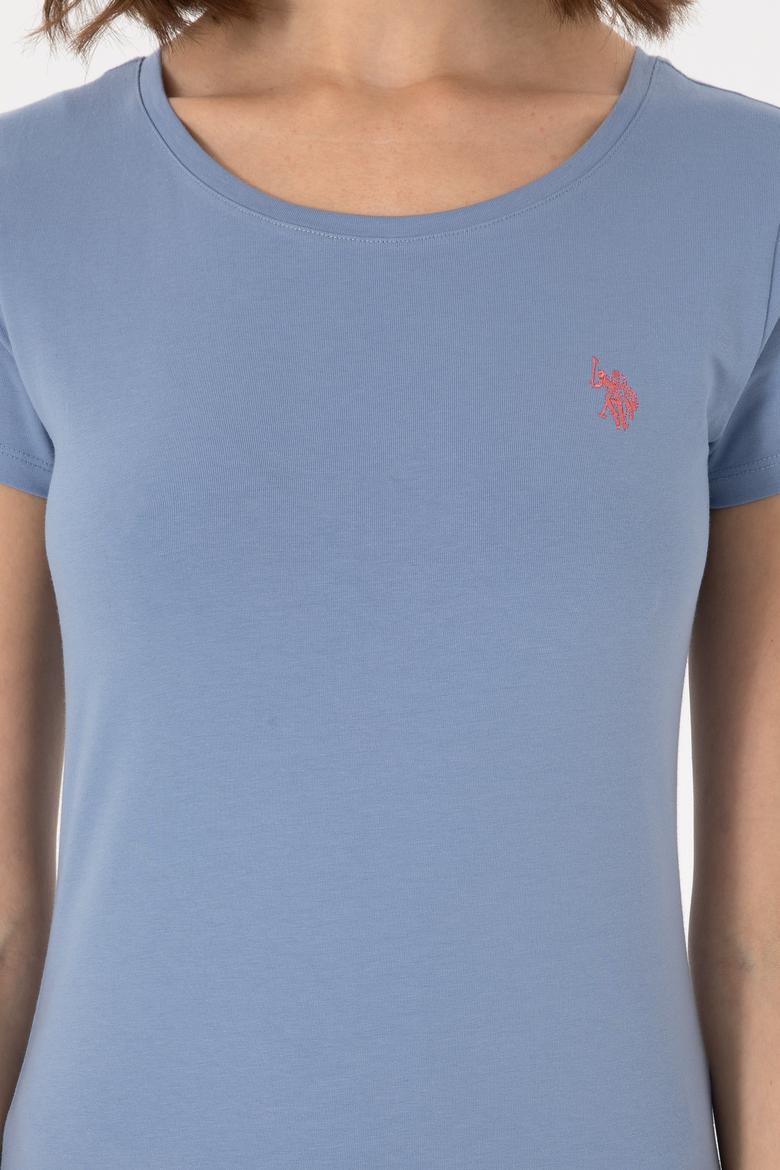 Kadın Mavi Bisiklet Yaka Tişört - 50300894031