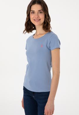 Kadın Mavi Bisiklet Yaka Tişört - 50300894031