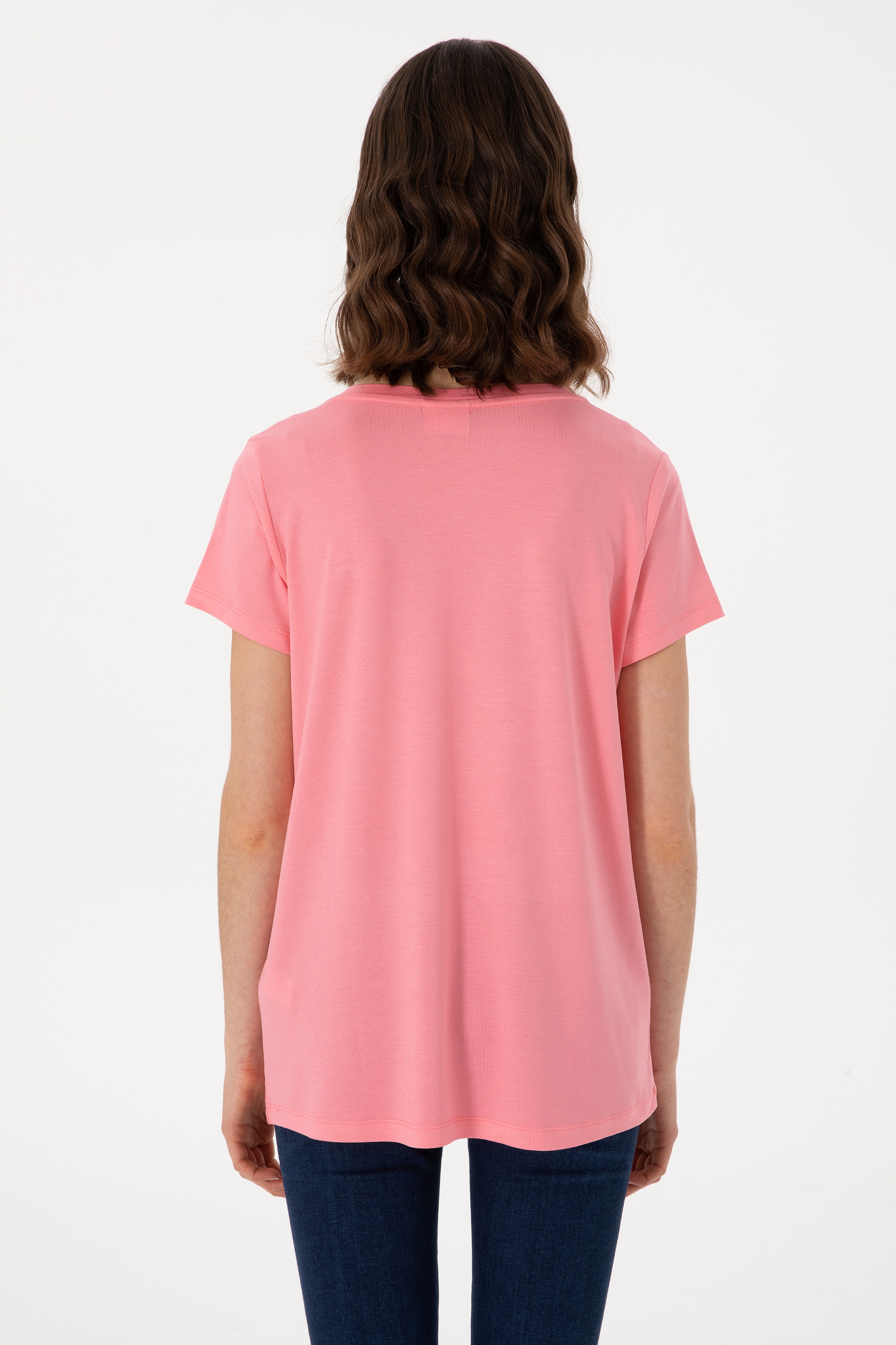 Kadın Pembe Basic Tişört - Image 5