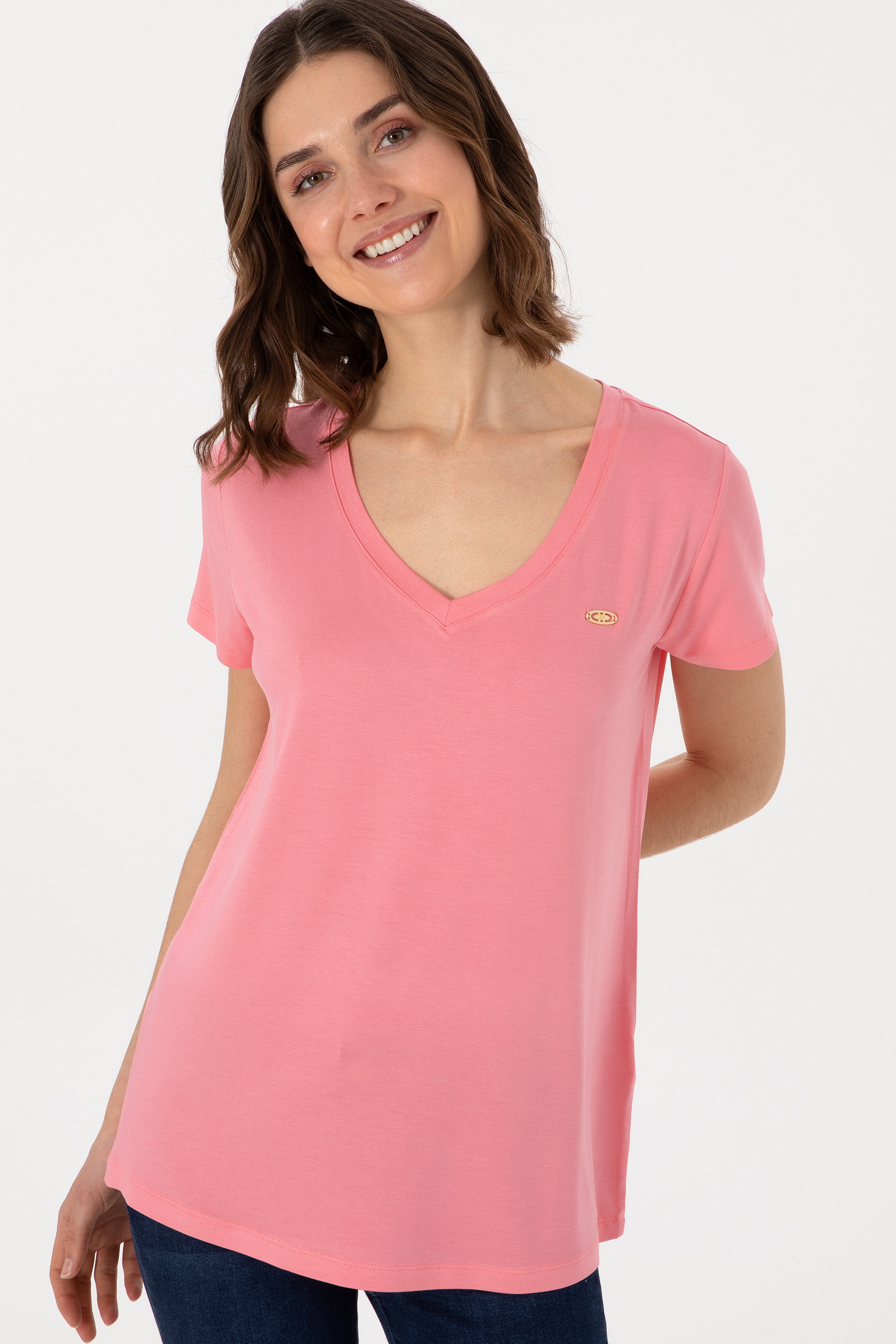 Kadın Pembe Basic Tişört - Image 3