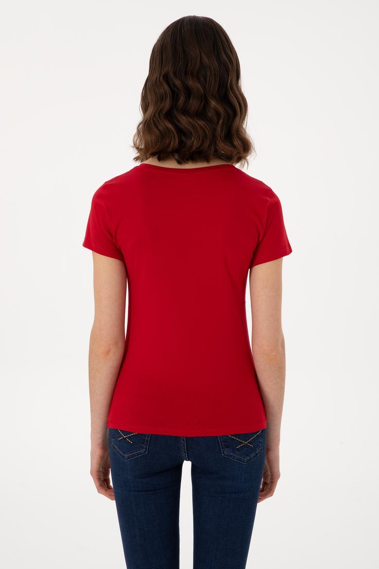 Kadın Kırmızı Bisiklet Yaka Tişört - 50300894012
