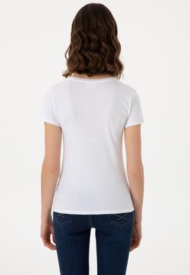 Kadın Beyaz Bisiklet Yaka Tişört - 50300894005