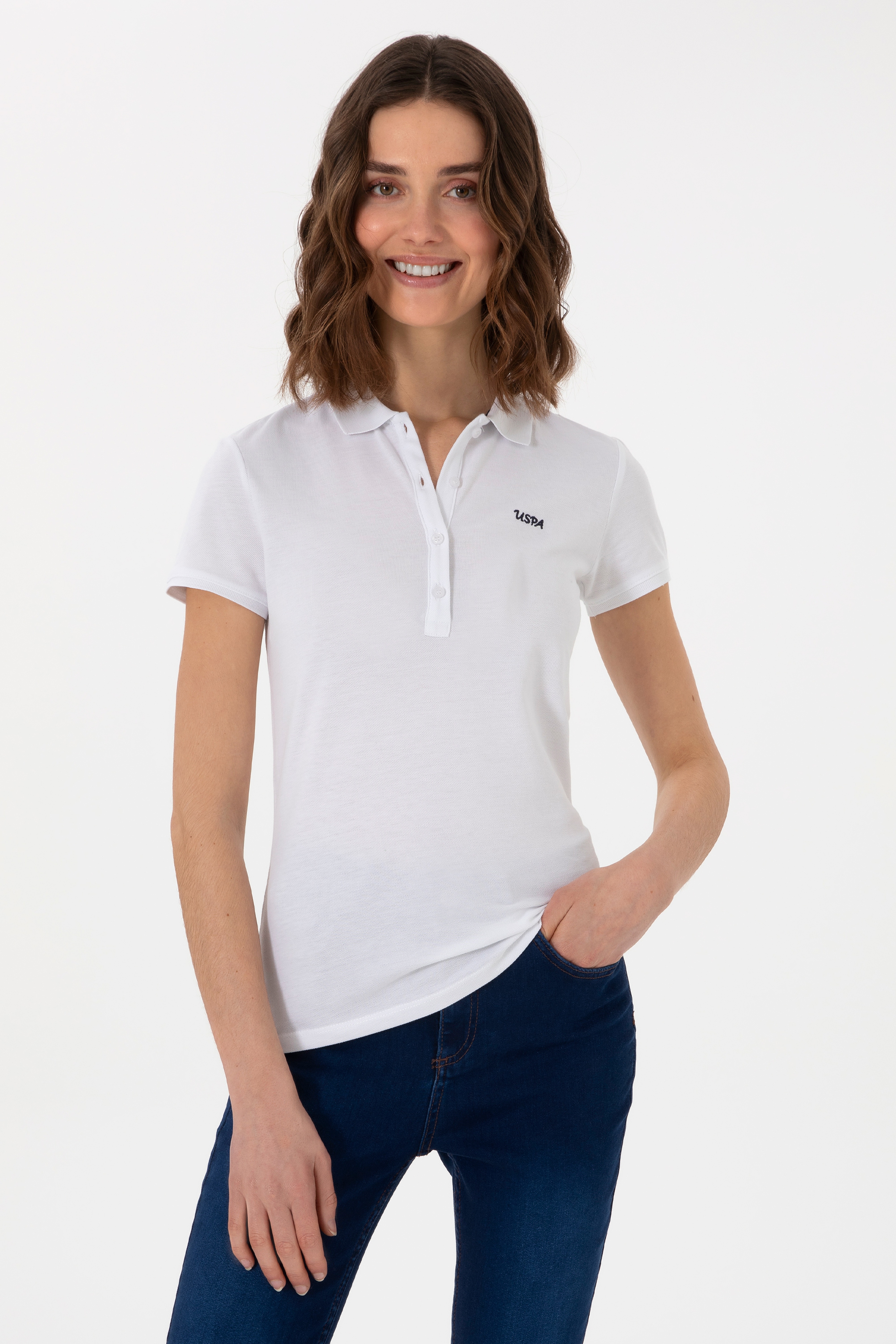 Kadın Beyaz Basic Polo Yaka Tişört