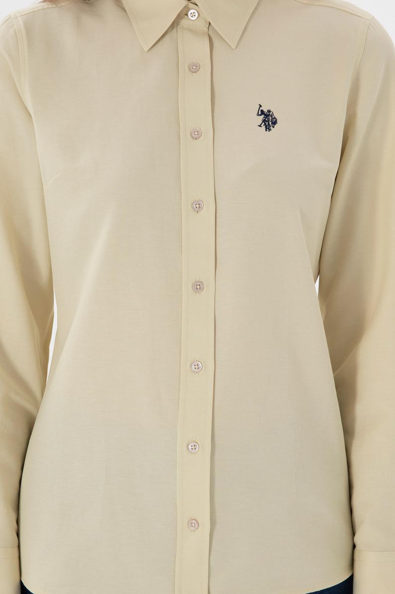 Kadın Açık Haki Uzun Kollu Basic Gömlek