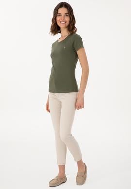 Kadın Koyu Haki Bisiklet Yaka Tişört - 50300894051