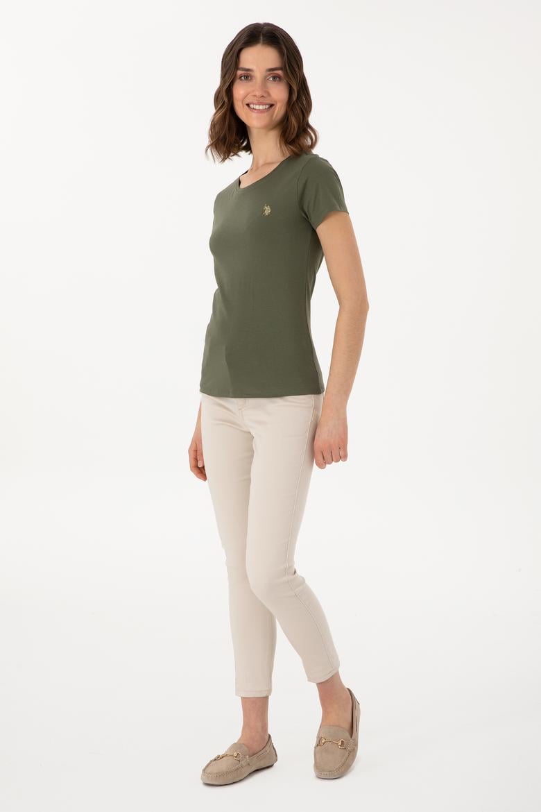 Kadın Koyu Haki Bisiklet Yaka Tişört - 50300894051